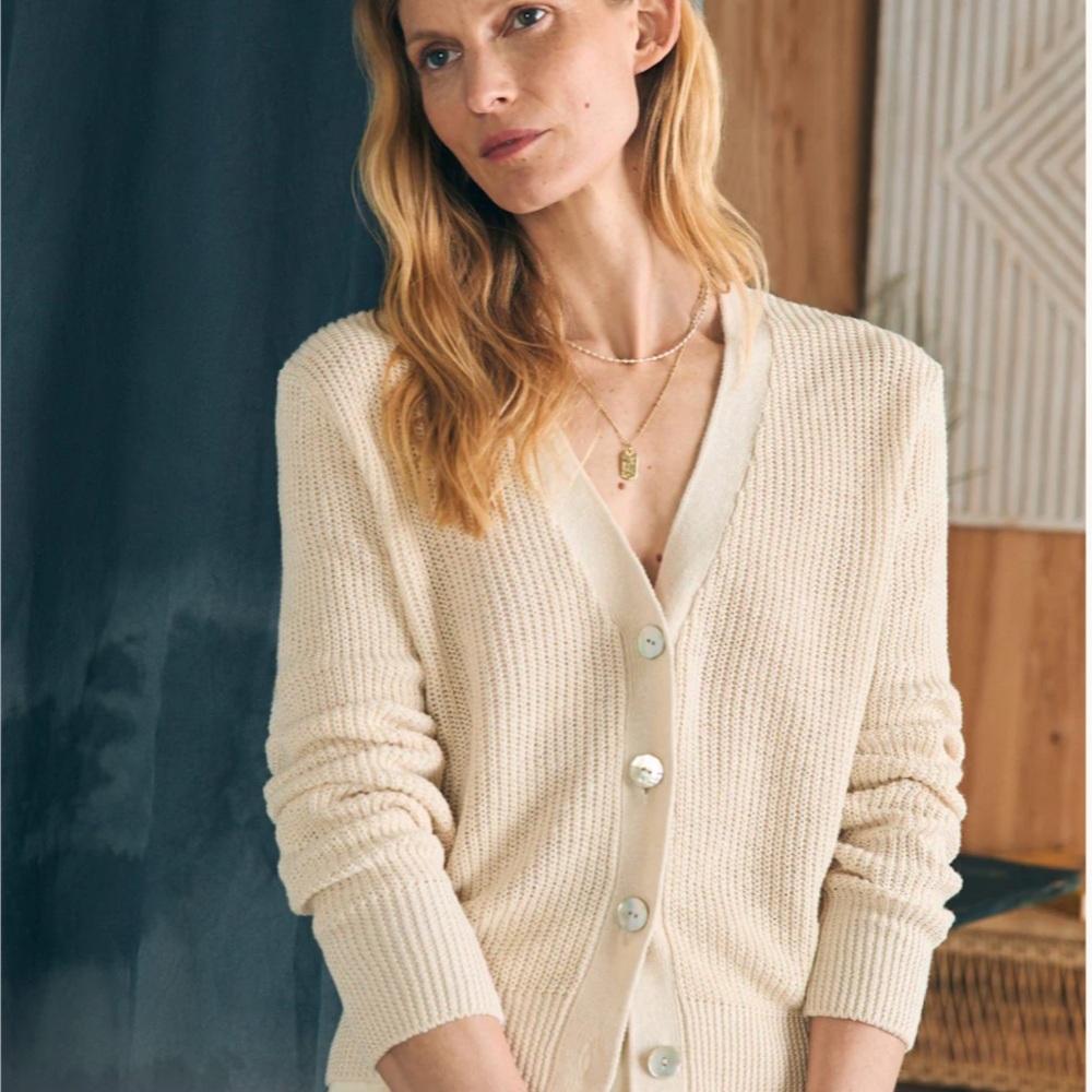 FAHERTY Miramar Linen Cardigan Sweater in Sold out Sand NWOT MOPearl buttons